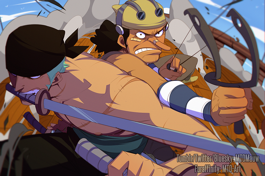 2boys artist_name bandaid bandaid_on_cheek bandaid_on_face bandana black_bandana black_eyes bluesky_username cloud cloudy_sky commentary curly_hair english_commentary furaffinity_username holding holding_slingshot holding_sword holding_weapon katana long_nose male_focus mouth_hold mto multiple_boys one_piece outdoors roronoa_zoro scar sky slingshot_(weapon) sword sword_in_mouth teeth topless_male triple_wielding tumblr_username twitter_username usopp weapon