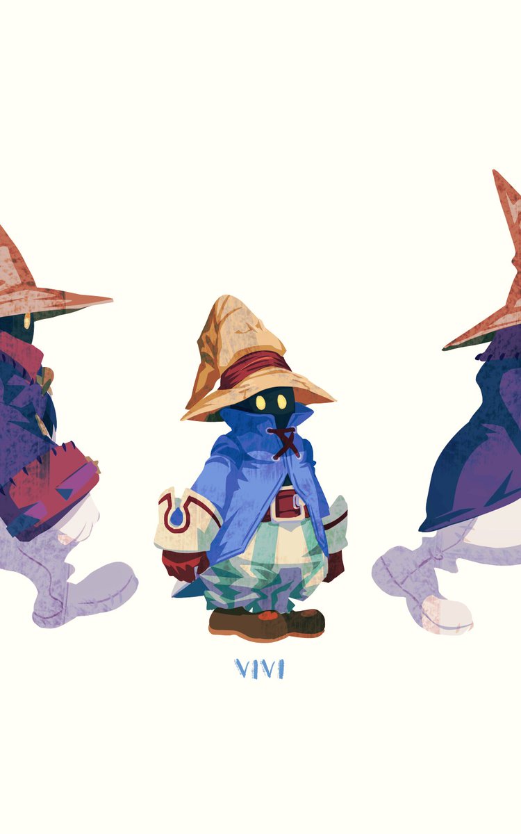 1boy 2others belt belt_buckle black_mage_(final_fantasy) blue_coat brown_belt brown_gloves buckle coat collared_coat commentary_request final_fantasy final_fantasy_ix gloves hat highres logi_bunbukucha long_sleeves male_focus multiple_others pants popped_collar simple_background sleeve_cuffs standing striped_clothes striped_pants vivi_ornitier walking white_background yellow_eyes