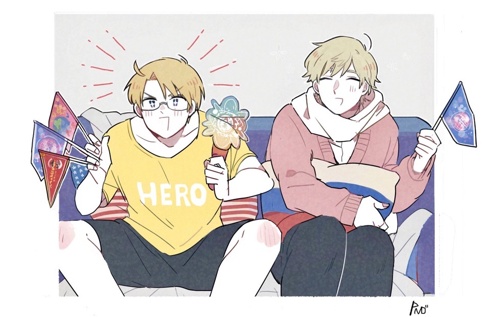 +_+ 2boys ahoge america_(hetalia) american_flag american_flag_print axis_powers_hetalia between_fingers black-framed_eyewear black_pants black_shorts blonde_hair blue_eyes blush border closed_eyes clothes_writing commentary_request couch dkdmis fingernails flag flag_print glasses grey_background hand_up holding holding_flag looking_at_viewer male_focus multiple_boys on_couch open_mouth outside_border pants pillow pink_sweater russia_(hetalia) russian_flag_print scarf semi-rimless_eyewear shirt short_hair short_sleeves shorts simple_background sitting smile spread_legs star_(symbol) star_print striped_pillow sweater t-shirt v-shaped_eyebrows white_border white_scarf white_shirt yellow_shirt