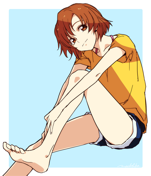 10s 1girl barefoot blue_background brown_eyes collarbone denim denim_shorts female_focus hugging_own_legs invisible_chair looking_at_viewer machi_fuka orange_hair short_hair short_sleeves shorts signature sitting smile solo soukyuu_no_fafner toomi_maya