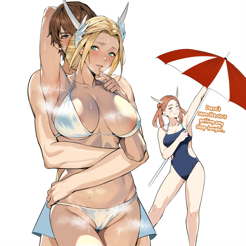 1boy 2girls adventurer_(ff14) arm_up armpits beach_umbrella bikini blonde_hair breasts brown_hair cameltoe english_text final_fantasy final_fantasy_xiv finger_to_mouth hair_ornament hug hug_from_behind hyur jamjamstyle kan-e-senna large_breasts multiple_girls one-piece_swimsuit padjal raya-o-senna simple_background smile steaming_body sweat swimsuit umbrella warrior_of_light_(ff14) white_background white_bikini