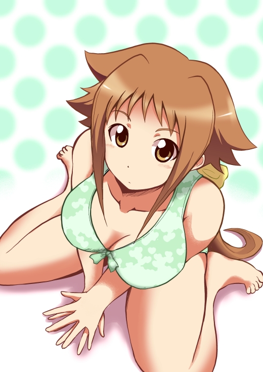 00s 1girl azumaya_hironaru barefoot breasts brown_eyes brown_hair cleavage dieci_(nanoha) female_focus from_above lyrical_nanoha mahou_shoujo_lyrical_nanoha mahou_shoujo_lyrical_nanoha_strikers numbers_(nanoha) polka_dot polka_dot_background sitting solo swimsuit v_arms wariza