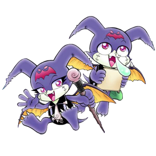 1boy 1girl digimon digimon_(creature) fang mark_of_evil petitmamon smile wings