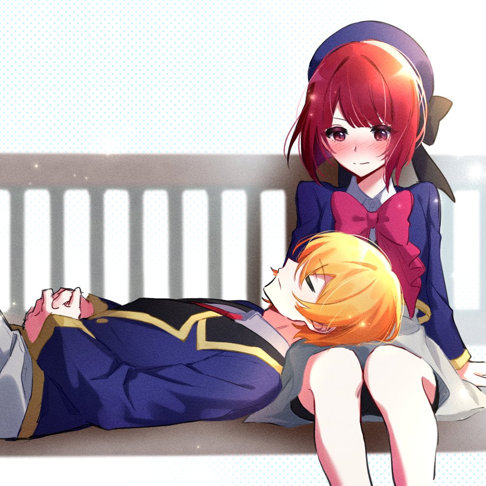 1boy 1girl arima_kana bad_id bad_twitter_id bench blue_hat blue_jacket blush bow collared_shirt grey_skirt hat hoshino_aquamarine jacket lap_pillow oshi_no_ko own_hands_together red_bow red_eyes red_hair school_uniform shirt short_hair simple_background sitting skirt sleeping y4n_ak