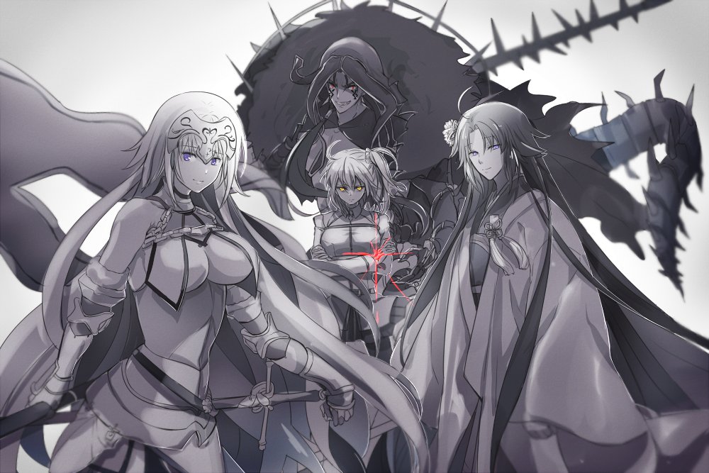 1boy 3girls ahoge armor armored_dress breasts cloak cu_chulainn_(fate) cu_chulainn_(fate/stay_night) cu_chulainn_alter_(fate) cu_chulainn_alter_(fate/grand_order) cu_chulainn_alter_(third_ascension)_(fate) dress fate/grand_order fate_(series) flower fujimaru_ritsuka_(female) greyscale hair_flower hair_ornament headpiece japanese_clothes jeanne_d&#039;arc_(fate) jeanne_d&#039;arc_(ruler)_(fate) jeanne_d&#039;arc_(third_ascension)_(fate) kara_no_kyoukai kimono long_hair looking_at_viewer monochrome multiple_girls ryougi_shiki ryougi_shiki_(third_ascension) short_hair side_ponytail smile sword tail weapon yukinaga_(asuten)