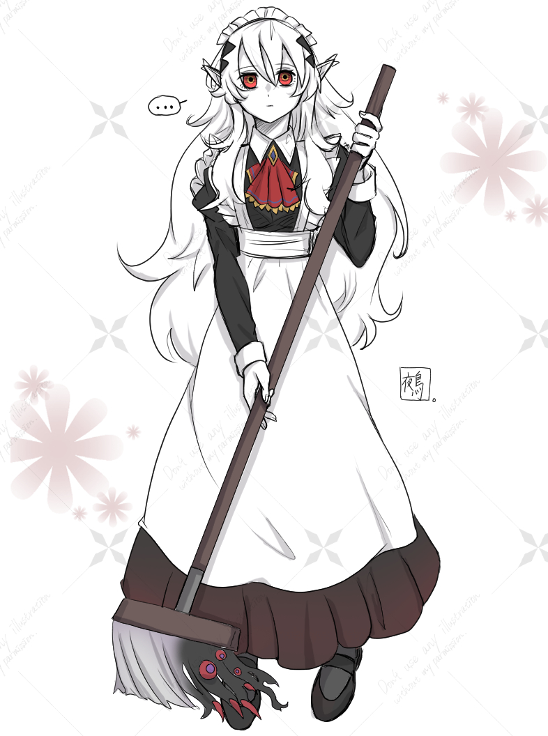 1girl alternate_costume apron blazing_cartesia_the_virtuous broom colored_skin duel_monster ecclesia_(yu-gi-oh!) frilled_apron frilled_hairband frills full_body hairband holding holding_broom long_hair long_sleeves maid maid_apron maid_headdress red_eyes solo white_apron white_hair white_skin yoruno_tori3 yu-gi-oh!