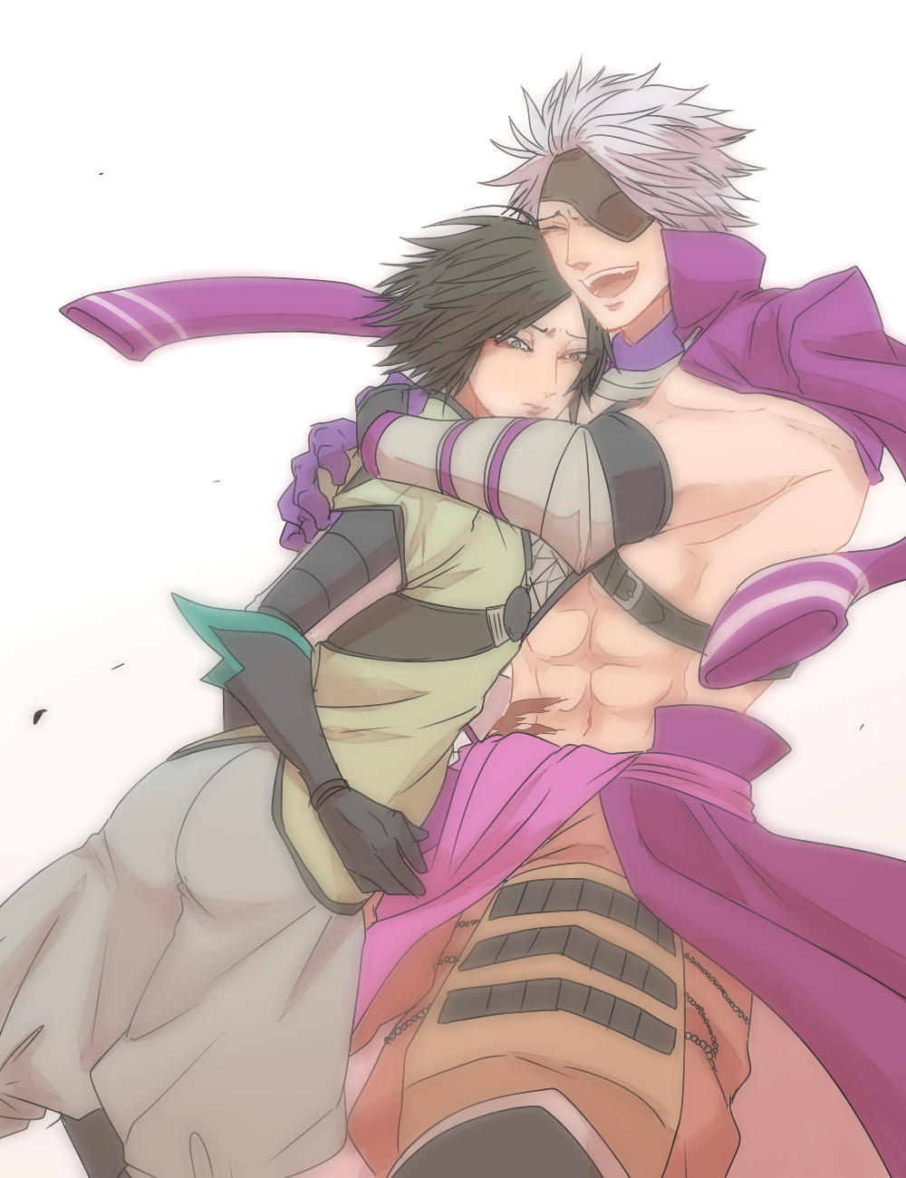 2boys :d :| ^_^ abs aki_(pixiv_4376560) arms_around_neck brown_eyes brown_hair chousokabe_motochika_(sengoku_basara) closed_eyes closed_mouth eyepatch fang furrowed_brow gloves grey_hair highres hug jacket jacket_on_shoulders male_focus mouri_motonari_(sengoku_basara) multiple_boys no_shirt open_mouth purple_gloves purple_jacket sengoku_basara short_hair simple_background smile toned toned_male white_background yaoi