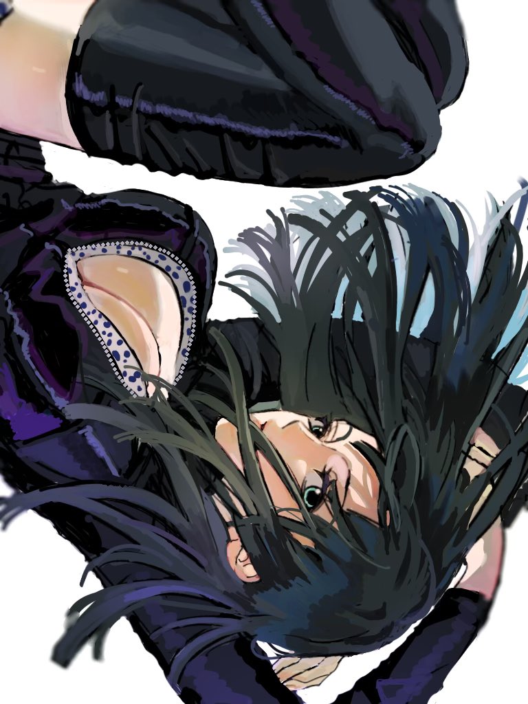 1girl arms_up black_boots black_dress black_hair blue_eyes blunt_bangs boots breasts cleavage commentary curled_up dress leather_dress long_hair long_sleeves looking_at_viewer nico_robin nico_robin_(water_7) one_piece r3fekpz4io20927 simple_background solo thigh_boots thighhighs upside-down white_background zettai_ryouiki zipper