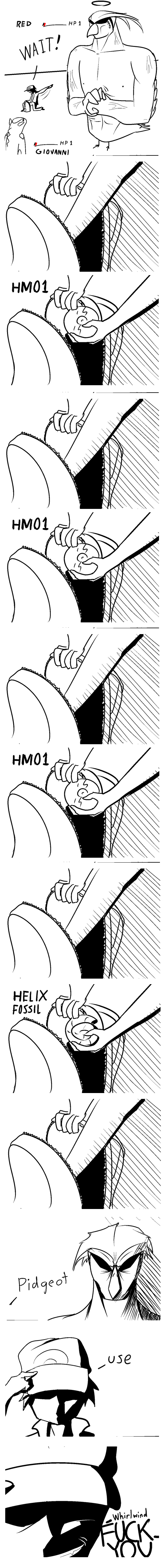 1boy absurdres bag bookbag cd comic dazko_(artist) english_text game_freak gen_1_pokemon greyscale helix_fossil highres kangaskhan long_image monochrome nintendo pidgeot pokemon pokemon_(creature) profanity red_(pokemon) shaded_face tall_image twitch_plays_pokemon