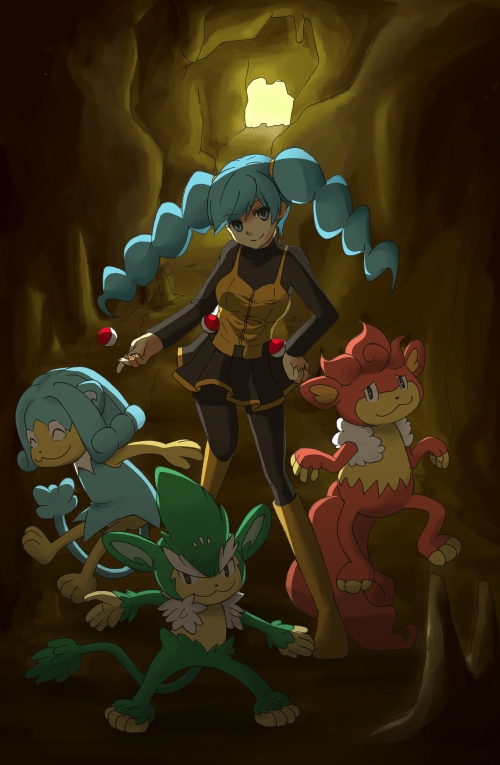 10s 1girl ace_trainer_(female)_(pokemon_bw) ace_trainer_(pokemon) aqua_hair black_pantyhose blue_eyes boots cave gen_5_pokemon hand_on_own_hip knee_boots nintendo npc_trainer pantyhose poke_ball poke_ball_(basic) pokemon pokemon_(creature) pokemon_bw shirasagi_p simipour simisage simisear smile tunnel twintails