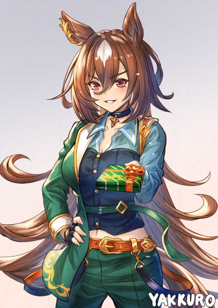 1girl animal_ears artist_name belt black_choker blush breasts brown_belt brown_hair choker collarbone commentary_request cowboy_shot ear_ornament grey_shirt hair_between_eyes hand_on_own_hip heart horse_ears horse_girl jacket large_breasts long_hair long_sleeves midriff_peek multicolored_hair navel open_mouth pants pendant_choker reaching red_eyes shirt simple_background sirius_symboli_(umamusume) smile solo streaked_hair umamusume v-shaped_eyebrows valentine very_long_hair white_hair yakkuro