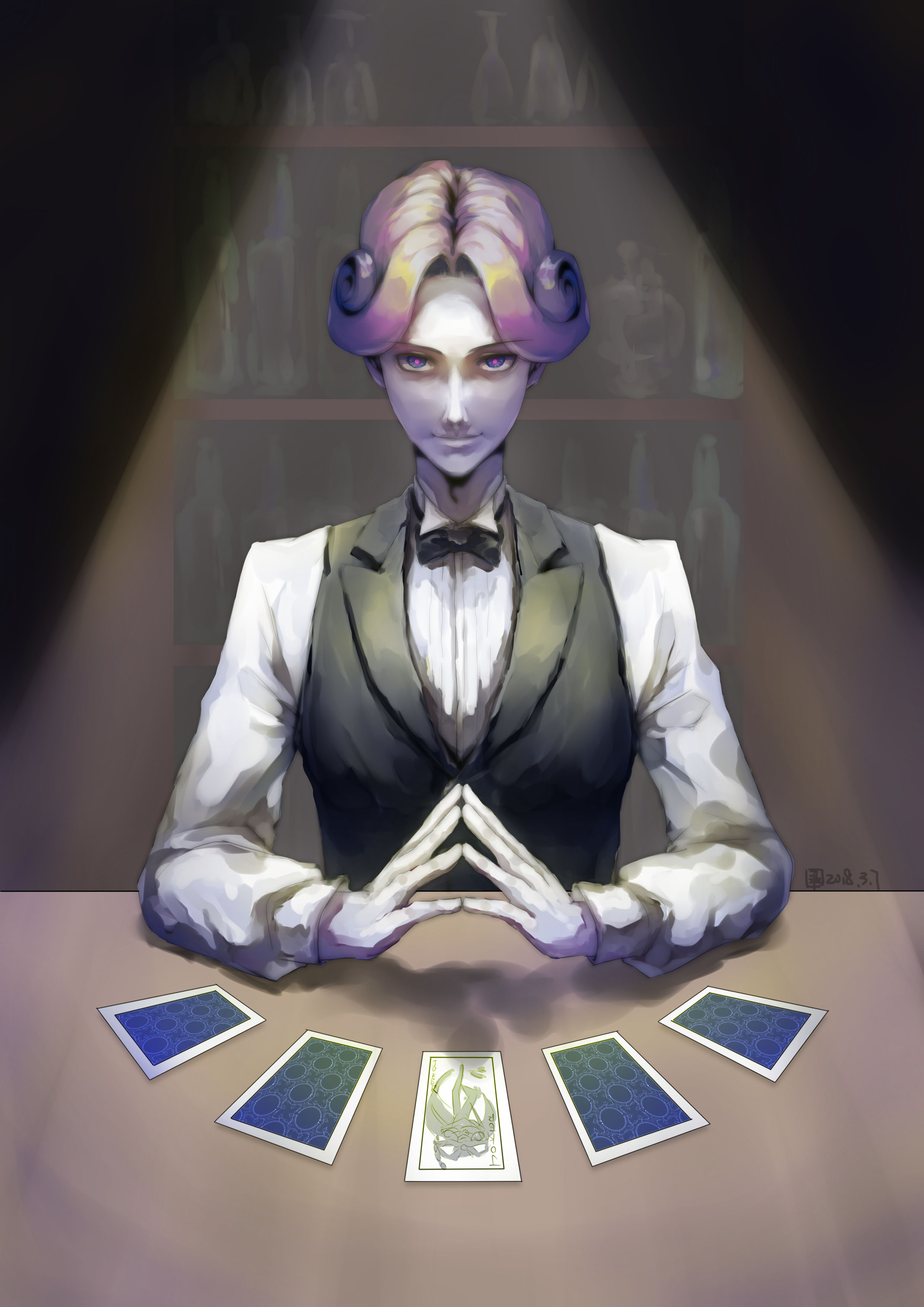 1boy absurdres black_bow black_bowtie blue_eyes bottle bow bowtie bright_pupils card closed_mouth dated fate/grand_order fate_(series) highres indoors isaac_bou joker_(playing_card) looking_at_viewer male_focus mephistopheles_(fate) mephistopheles_(the_sun_and_gold_gamblers)_(fate) pale_skin pixiv_fate/grand_order_contest_2 playing_card purple_hair shirt smile solo steepled_fingers table upper_body vest white_shirt