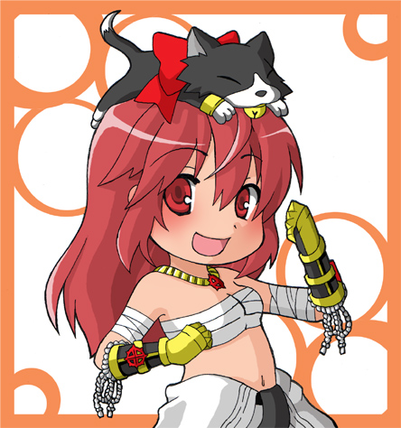 1girl :d animal animal_on_head black_cat black_gloves blush cat cat_on_head chest_sarashi chibi chibi_only clothes_around_waist commentary_request cross cross_necklace cross_of_prontera gauntlets gloves jewelry long_hair looking_at_viewer lowres monou0135 navel necklace on_head open_mouth ragnarok_online red_eyes red_hair sarashi shirt shirt_around_waist smile solo sura_(ragnarok_online) upper_body white_background white_shirt wildrose