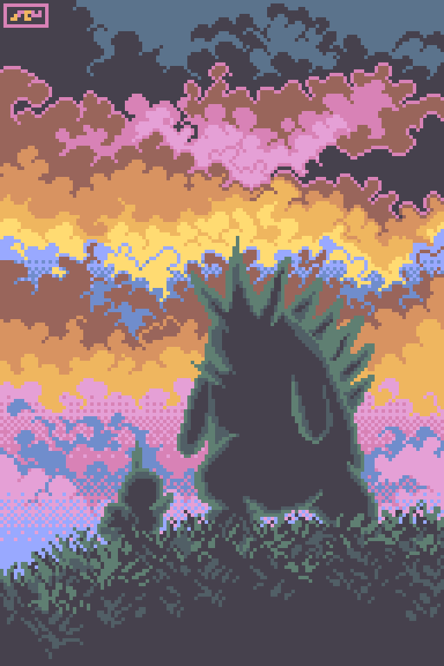 animal_focus cloud cloudy_sky commentary dusk english_commentary evolutionary_line facing_away gen_2_pokemon jrchair98 larvitar nintendo no_humans on_grass outdoors pixel_art pokemon pokemon_(creature) sky tyranitar