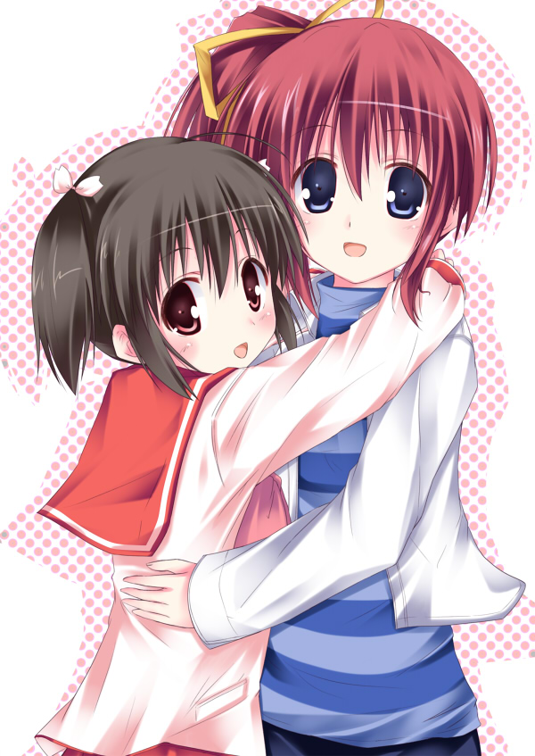 00s 2girls ahoge black_hair blue_eyes blush brown_eyes comic_party company_connection creator_connection hair_ribbon hisae_(hisae_collect) hug leaf_(studio) multiple_girls open_mouth ponytail red_hair ribbon school_uniform serafuku short_hair short_twintails smile striped takase_mizuki to_heart_(series) to_heart_2 twintails yuzuhara_konomi