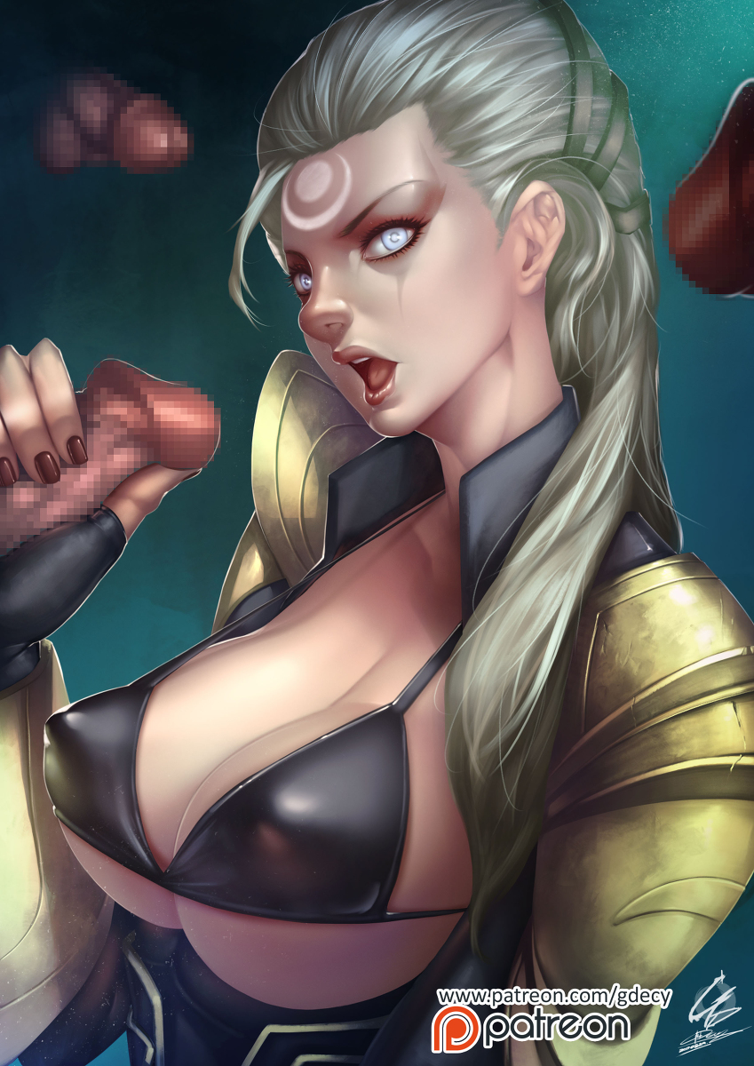 1girl 3boys bra breasts clothing_aside dark-skinned_male dark_skin diana_(league_of_legends) gdecy hetero highres imminent_fellatio large_breasts league_of_legends moon multiple_boys penis underwear