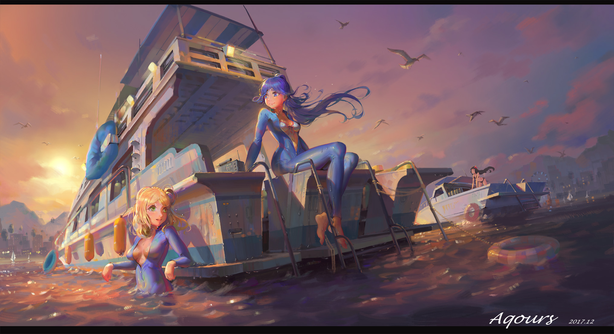 2017 3girls barefoot bikini bikini_top_only bird black_bikini blonde_hair blue_hair boat bodysuit breasts breasts_apart brown_hair building closed_mouth cloud dated diving_suit green_eyes group_name highres kurosawa_dia leaning_forward letterboxed lifebuoy long_hair love_live! love_live!_school_idol_festival love_live!_sunshine!! matsuura_kanan medium_breasts multiple_girls navel ohara_mari on_boat outdoors ponytail psi_(583278318) sitting sky smile standing striped_bikini striped_bikini_top striped_clothes sunset swim_ring swimsuit unzipped very_long_hair water watercraft wet wetsuit wind