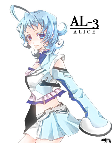 1girl ahoge al-3_alice arms_behind_back banpresto blue_eyes blue_hair chiyo_yoshikawa detached_sleeves female_focus matching_hair/eyes midriff skirt solo super_robot_wars super_robot_wars_l