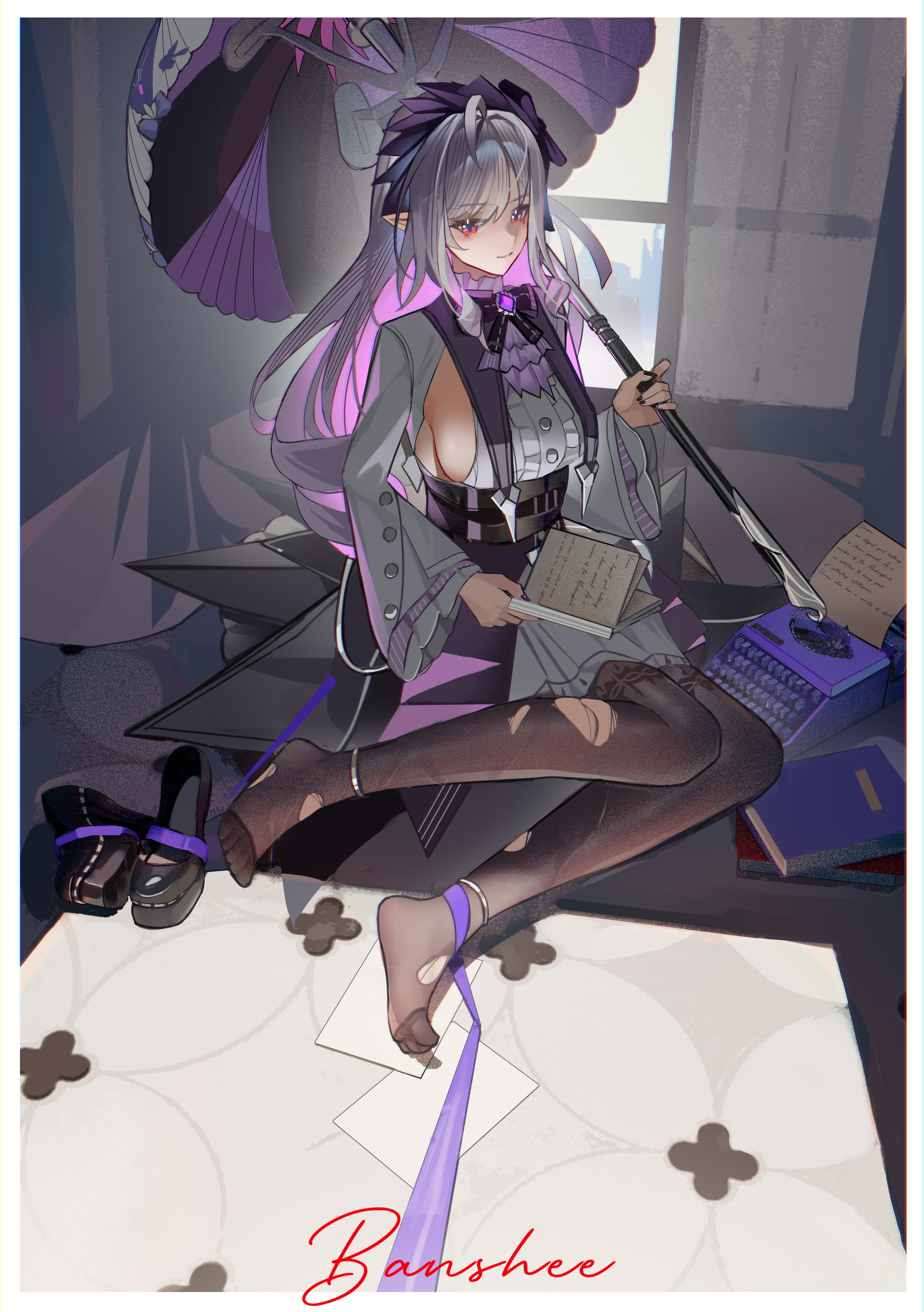 1girl absurdres ahoge anklet black_bow black_bowtie black_nails black_shoes book border bow bowtie breasts brown_thighhighs center_frills closed_mouth colored_inner_hair fingernails frilled_shirt frills hair_ribbon highres holding holding_umbrella indoors jewelry long_hair long_sleeves manuscript_paper mole mole_under_eye multicolored_hair nail_polish open_book paper pink_eyes pink_gemstone pink_hair pointy_ears purple_hair purple_nails purple_ribbon purple_skirt ribbon shirt shoes sideboob signature sitting skirt solo streaked_hair thighhighs torn_clothes torn_thighhighs two-tone_hair typewriter umbrella underbust unworn_shoes vivian_(zenless_zone_zero) white_border white_bow white_shirt white_sleeves white_umbrella window xiaojuan_(user_ezvt7287) zenless_zone_zero
