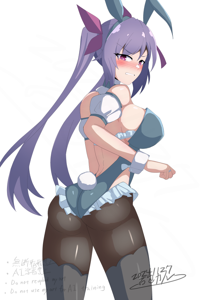 1girl adversarial_noise aizawa_kazuha aizawa_kazuha_(cosplay) animal_ears arm_at_side ass assault_lily bare_shoulders black_pantyhose black_thighhighs blue_hairband blue_leotard blush breasts clenched_hand clenched_teeth clothing_cutout commentary_request cosplay dated detached_sleeves fake_animal_ears fake_tail frilled_leotard frills from_behind hair_ornament hair_ribbon hairband hand_up ishitsuma_canon jewelry large_breasts leotard long_hair looking_at_viewer looking_back matsumura_fuuka nose_blush pantyhose parted_lips pink_eyes pink_ribbon playboy_bunny puffy_detached_sleeves puffy_sleeves purple_hair rabbit_ears rabbit_tail ribbon ring short_sleeves side_cutout simple_background solo standing strapless strapless_leotard tail tassel tassel_hair_ornament teeth thighhighs thighhighs_over_pantyhose twintails v-shaped_eyebrows very_long_hair watermark white_background wrist_cuffs