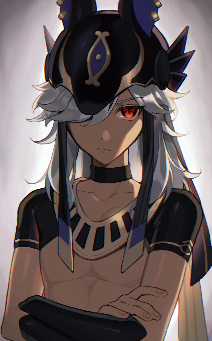 1boy ancient_egyptian_clothes animal_ears_helmet animal_helmet bishounen black_choker choker collarbone crossed_arms cyno_(genshin_impact) dark-skinned_male dark_skin detached_sleeves genshin_impact grey_hair hair_over_one_eye long_hair looking_at_viewer male_focus mt_gnsn pectorals red_eyes shrug_(clothing) simple_background toned toned_male upper_body