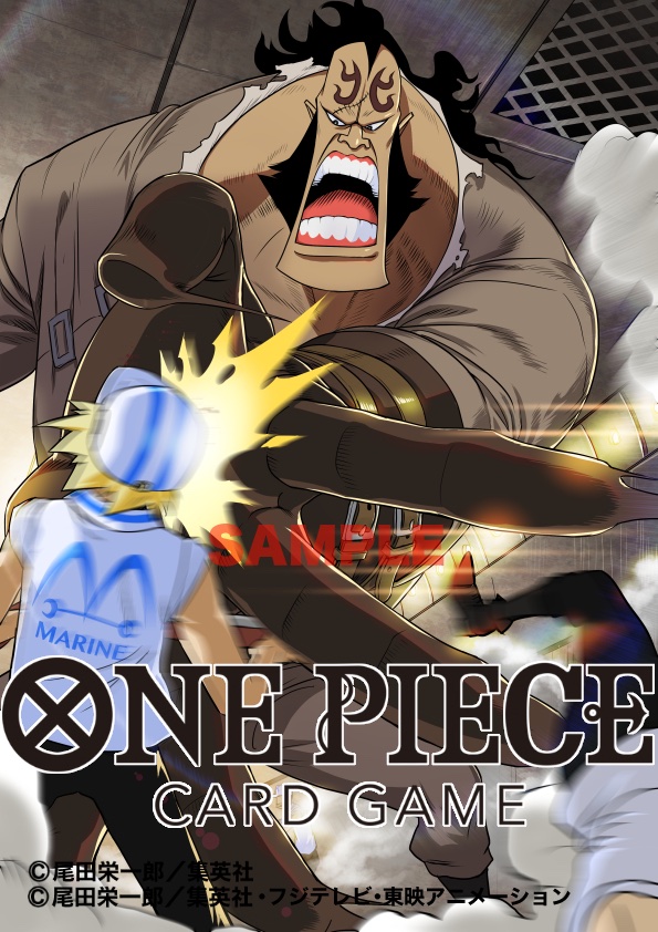 3boys attack beard black_hair brown_gloves commentary_request copyright_name facial_hair facial_tattoo fujiwara_hisashi gloves hat jean_bart_(one_piece) long_hair long_sleeves male_focus marine_(one_piece) marine_uniform_(one_piece) multiple_boys official_art one_piece one_piece_card_game open_mouth sample_watermark smoke stitched_face stitches tattoo watermark