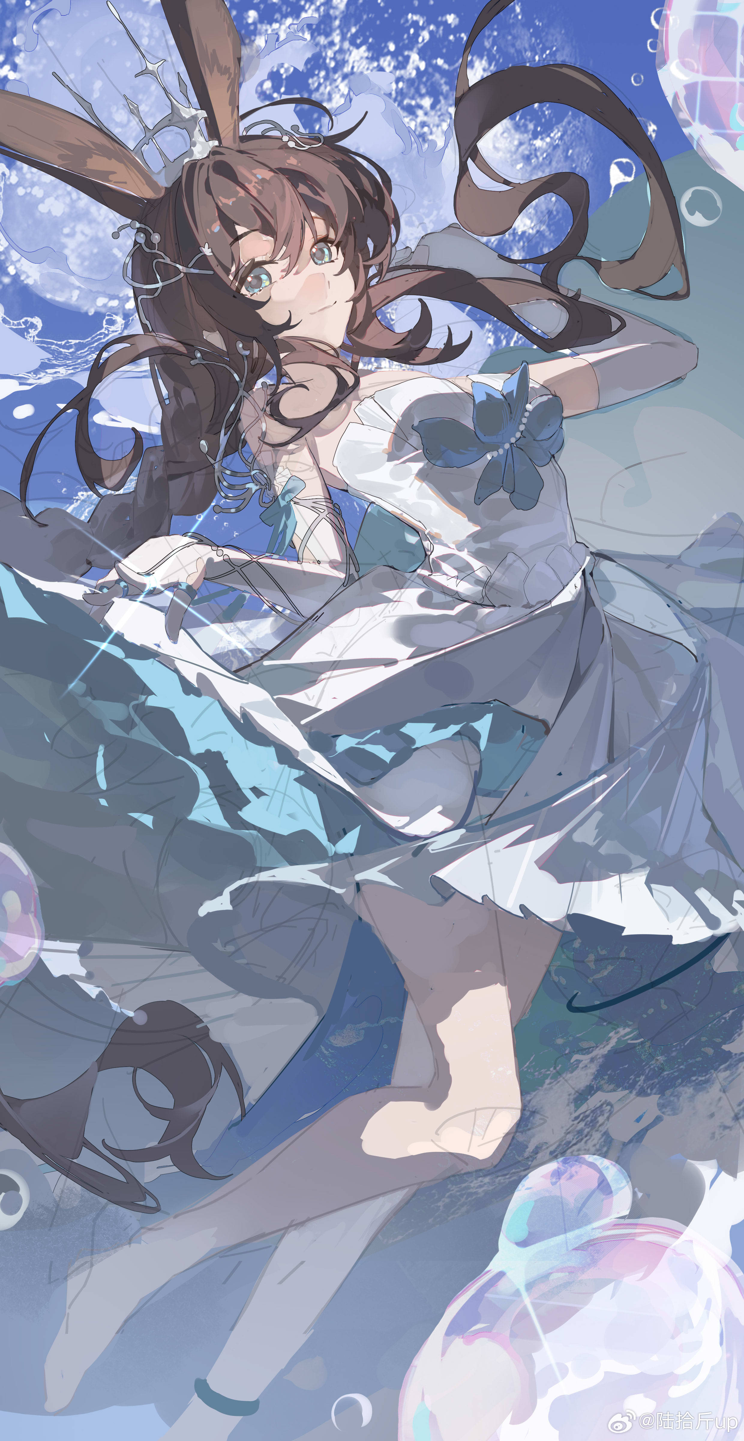1girl absurdres ambience_synesthesia amiya_(arknights) animal_ears arknights braid breasts brown_hair crown dress elbow_gloves gloves grey_eyes hair_between_eyes highres jewelry long_hair looking_at_viewer lushi_jin_up medium_breasts multiple_rings rabbit_ears rabbit_girl ring sidelocks single_elbow_glove smile solo white_dress white_gloves