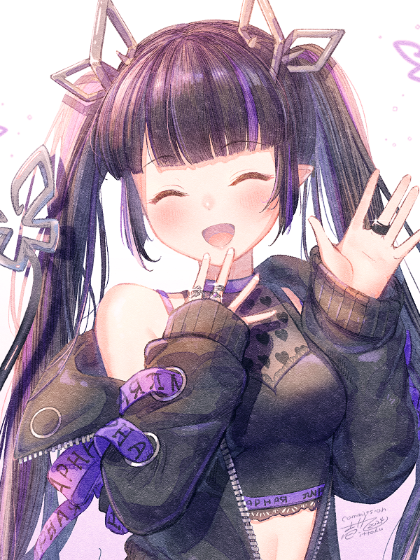 1girl :d black_hair black_jacket black_shirt blunt_bangs blush breasts closed_eyes commentary commission crop_top demon_girl demon_horns demon_tail glint heart heart_print horns ittokyu jacket jewelry kojo_anna kojo_anna_(1st_costume) long_hair long_sleeves medium_breasts midriff multicolored_hair nanashi_inc. navel off_shoulder open_clothes open_jacket open_mouth pointy_ears print_shirt purple_hair ring shirt sleeveless sleeveless_shirt smile solo symbol-only_commentary tail twintails two-tone_hair upper_body virtual_youtuber waving zipper