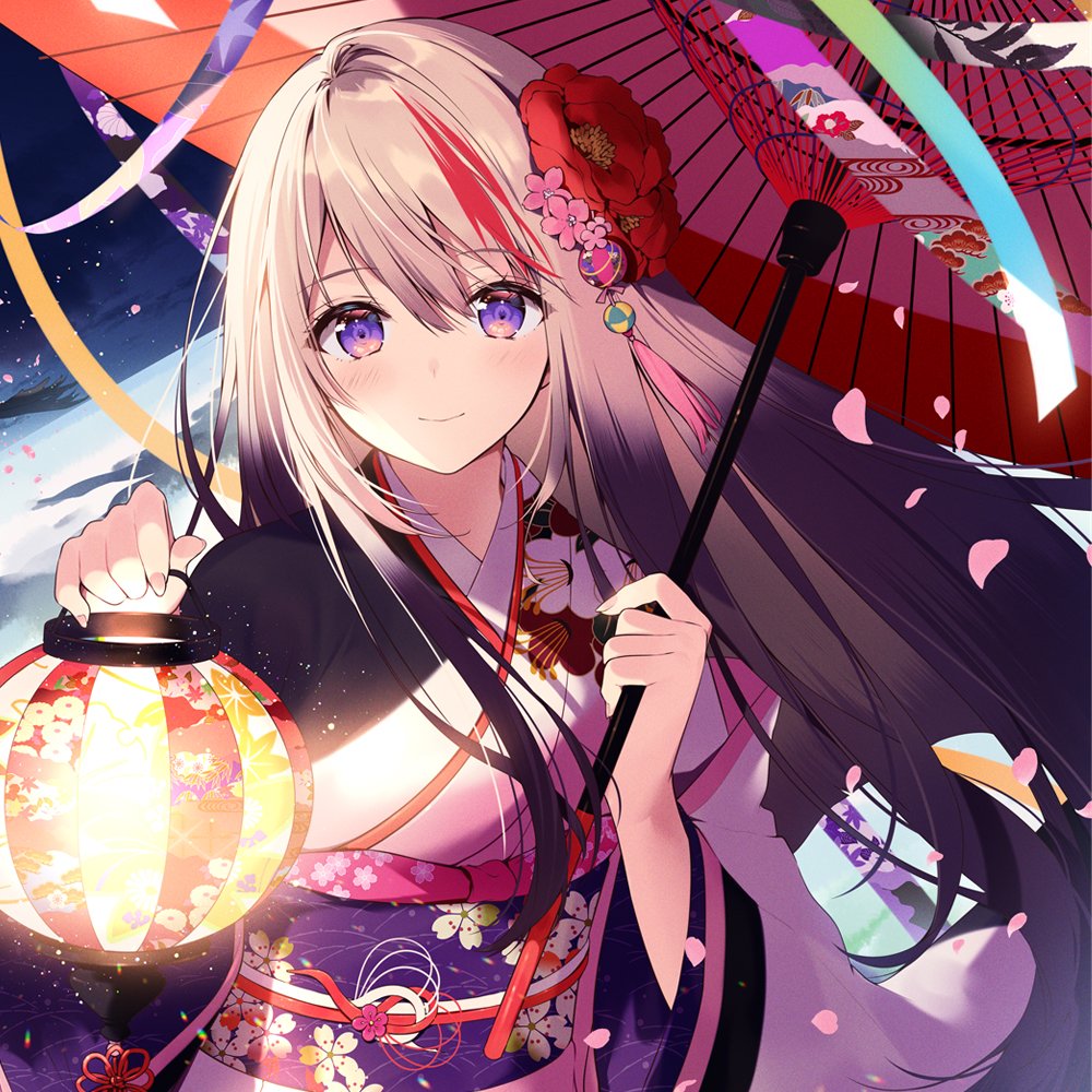 1girl blonde_hair blush cherry_blossoms closed_mouth commentary_request floating_hair floral_print floral_print_kimono flower hair_between_eyes hair_flower hair_ornament hands_up holding holding_lantern holding_umbrella japanese_clothes kimono lantern long_hair looking_at_viewer multicolored_hair necomi obi original parasol print_kimono purple_eyes purple_sash red_flower red_hair sash smile solo streaked_hair umbrella upper_body wide_sleeves