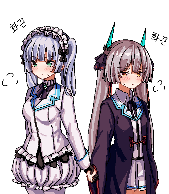 2girls black_bow black_bowtie black_robe blunt_bangs bow bowtie breasts ev_two frilled_hairband frills green_eyes hairband heaven_burns_red holding_hands horns long_hair long_sleeves medium_breasts multiple_girls neck_ribbon ogasawara_hisame pantyhose pixel_art ponytail ribbon robe shirt sugawara_chie twintails white_hair white_shirt yellow_eyes yuri