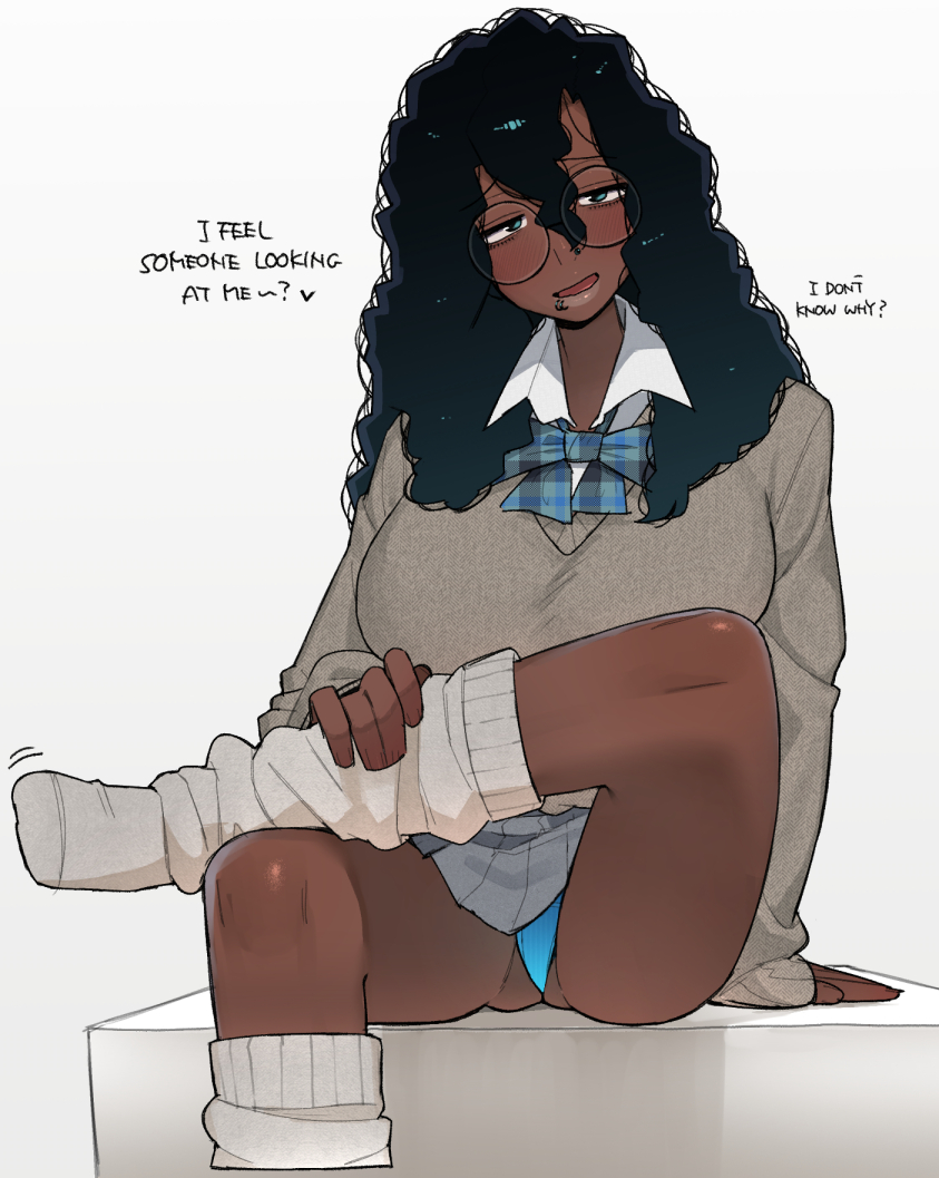 1girl black_hair blush broccoli_(ohasi) dark-skinned_female dark_skin english_text glasses lip_piercing long_hair loose_socks ohasi original panties piercing school_uniform shirt simple_background socks solo thick_lips underwear very_dark_skin very_long_hair white_background