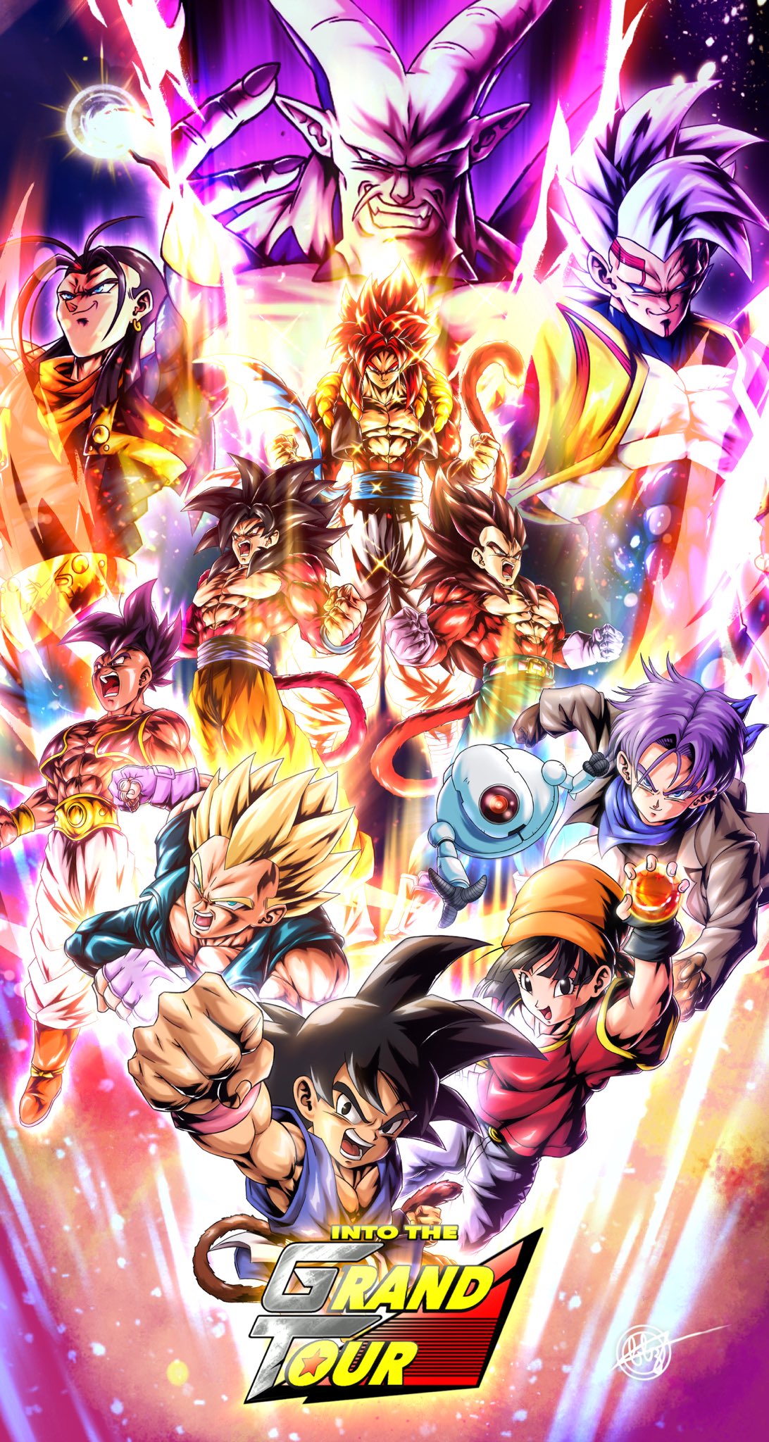 1girl baby_(dragon_ball) baby_vegeta bandana black_hair blue_eyes blue_sash blz_(blz151101) body_fur bra_(dragon_ball) dougi dragon_ball dragon_ball_gt giru_(dragon_ball) gloves gogeta highres long_hair looking_at_viewer metamoran_vest monkey_boy monkey_tail multiple_boys muscular muscular_male omega_shenron open_mouth orange_bandana pan_(dragon_ball) pants pectorals red_fur saiyan sash smile son_goku spiked_hair super_android_17 super_saiyan super_saiyan_4 tail trunks_(dragon_ball) uub vegeta yellow_pants