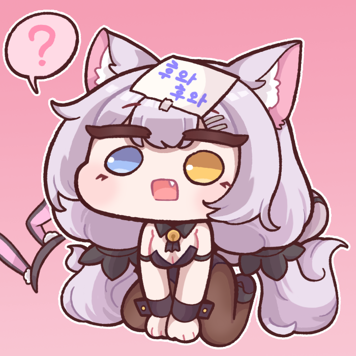 1girl ? animal_ear_fluff animal_ears black_pantyhose blue_eyes breasts bulga cat_ears cat_tail chibi cleavage fang gradient_background hair_ornament hairclip heterochromia high_heels last_origin looking_at_viewer note open_mouth pantyhose perrault_(last_origin) pink_background silver_hair simple_background solo spoken_question_mark tail twintails wrist_cuffs yellow_eyes