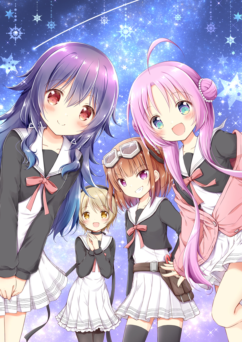 4girls :d ahoge akeuchi_yuu black_jacket black_pantyhose black_thighhighs blue_eyes blue_hair blush bow brown_eyes brown_hair cardigan closed_mouth collarbone commentary_request double_bun dress gradient_hair hair_between_eyes hair_bun hands_up highres hoshikuzu_telepath jacket konohoshi_umika light_brown_hair long_sleeves multicolored_hair multiple_girls nanase_miori night night_sky off_shoulder open_mouth own_hands_together pantyhose parted_bangs pink_bow pink_cardigan pink_hair puffy_long_sleeves puffy_sleeves purple_eyes purple_hair raimon_matataki red_eyes sailor_collar school_uniform sky sleeves_past_wrists smile star_(sky) starry_sky takaragi_haruno thighhighs white_dress white_sailor_collar