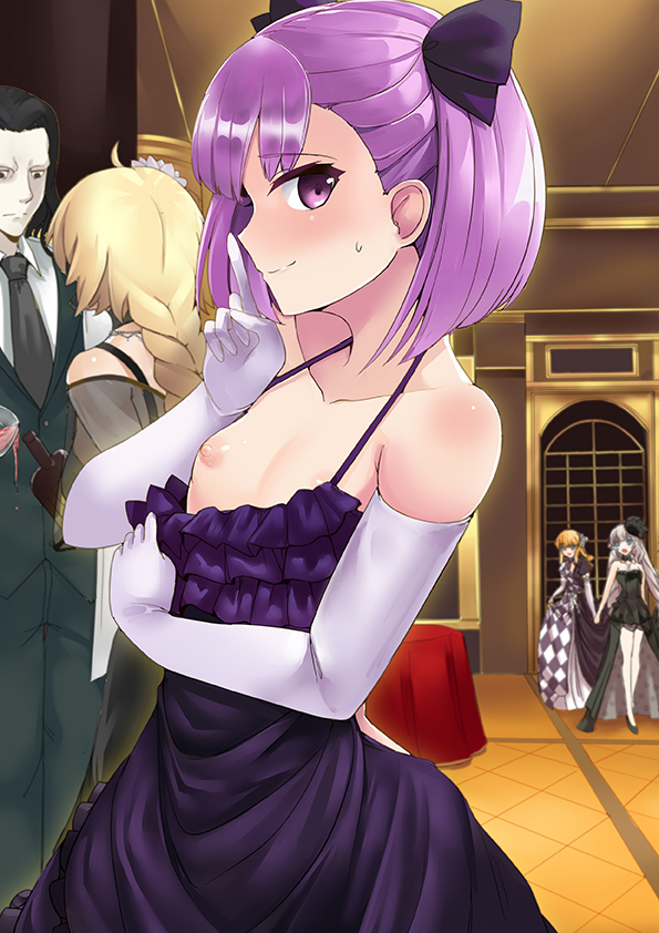 1boy 1other 3girls ballroom bare_shoulders blush breasts chevalier_d&#039;eon_(fate) chevalier_d&#039;eon_(formal_dress)_(fate) clothes_pull collarbone dress dress_pull elbow_gloves fate/apocrypha fate/grand_order fate_(series) finger_to_mouth flashing gilles_de_rais_(caster)_(fate) gilles_de_rais_(fate) gilles_de_rais_(saber)_(fate) gloves hair_ribbon helena_blavatsky_(fate) index_finger_raised indoors jeanne_d&#039;arc_(fate) jeanne_d&#039;arc_(formal_dress)_(fate) jeanne_d&#039;arc_(ruler)_(fate) looking_at_viewer marie_antoinette_(fate) marie_antoinette_(formal_dress)_(fate) multiple_girls nipples official_alternate_costume oppai_challenge public_indecency purple_dress purple_eyes purple_hair purple_ribbon ribbon senbon_tsuki short_hair shushing small_breasts solo_focus white_gloves