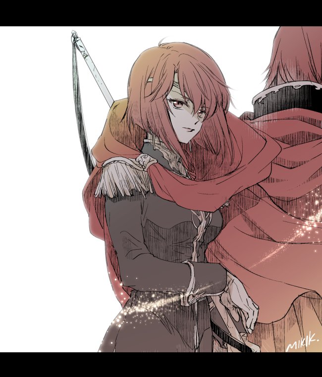 1boy 1girl armor brother_and_sister cape fire_emblem fire_emblem:_mystery_of_the_emblem gloves kizuki_miki letterboxed long_hair minerva_(fire_emblem) misheil_(fire_emblem) nintendo red_eyes red_hair short_hair siblings simple_background weapon white_background