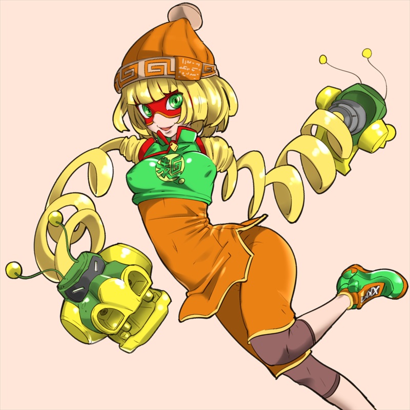 1girl @_@ arms_(game) bad_id bad_pixiv_id beanie bob_cut breasts covered_erect_nipples crop_top domino_mask dragon_(arms) female_focus gradient_background green_eyes green_shirt green_shoes hat leg_up leggings looking_at_viewer mask medium_breasts min_min_(arms) open_mouth orange_hat orange_pants orange_shirt pants pink_background purple_leggings ringed_eyes shirt shoes short_hair sleeveless sleeveless_shirt smile sneakers solo undershirt zaitsu zipper_pull_tab