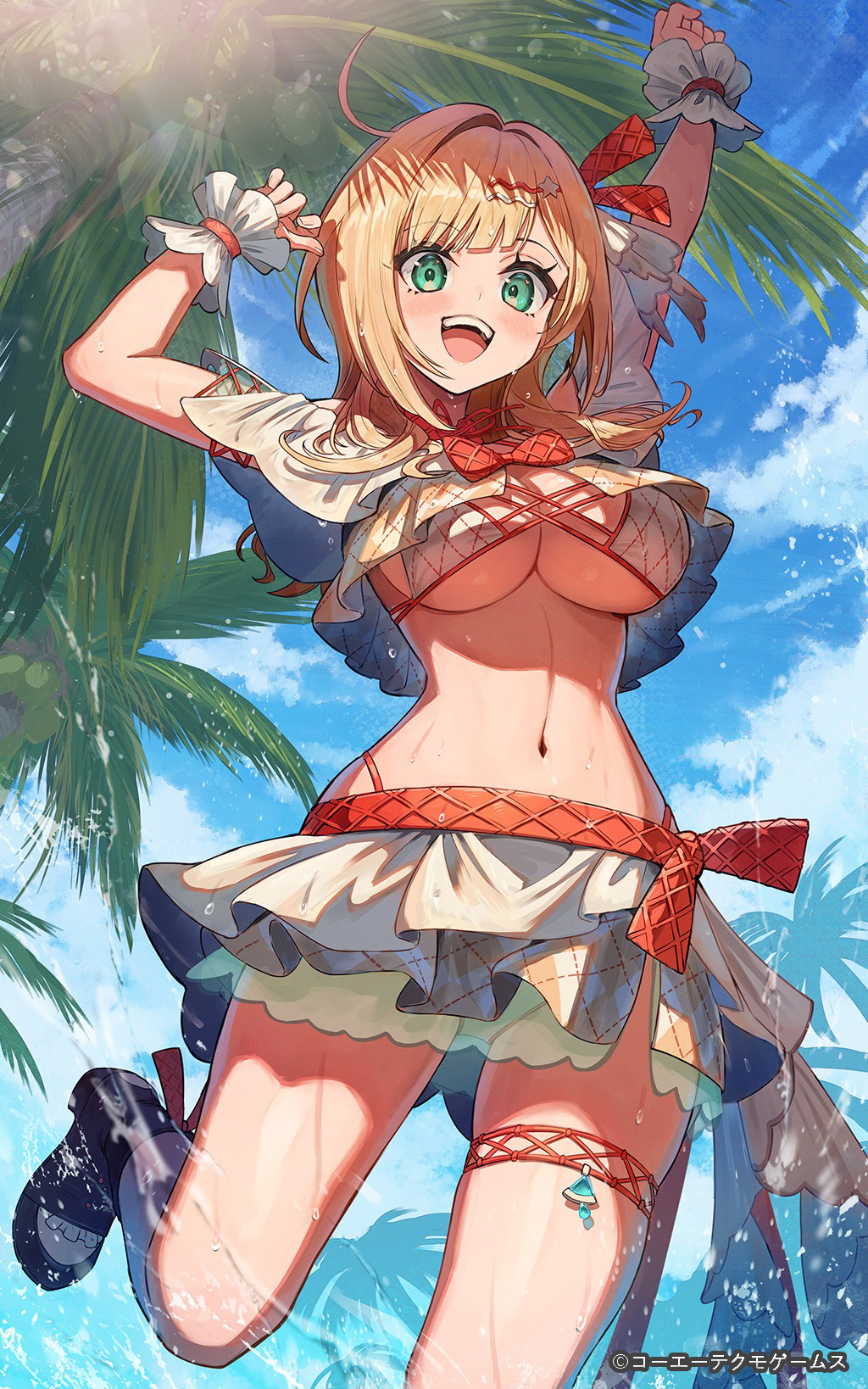 1girl alvina_zimlock arm_up atelier_(series) atelier_resleriana black_shoes blonde_hair blue_sky breasts commentary_request copyright_notice day eyelashes green_eyes highres kuroi_susumu large_breasts midriff navel official_art open_mouth palm_tree red_ribbon ribbon second-party_source shoes skirt sky solo thigh_strap tree underboob watermark web_address white_skirt wrist_cuffs