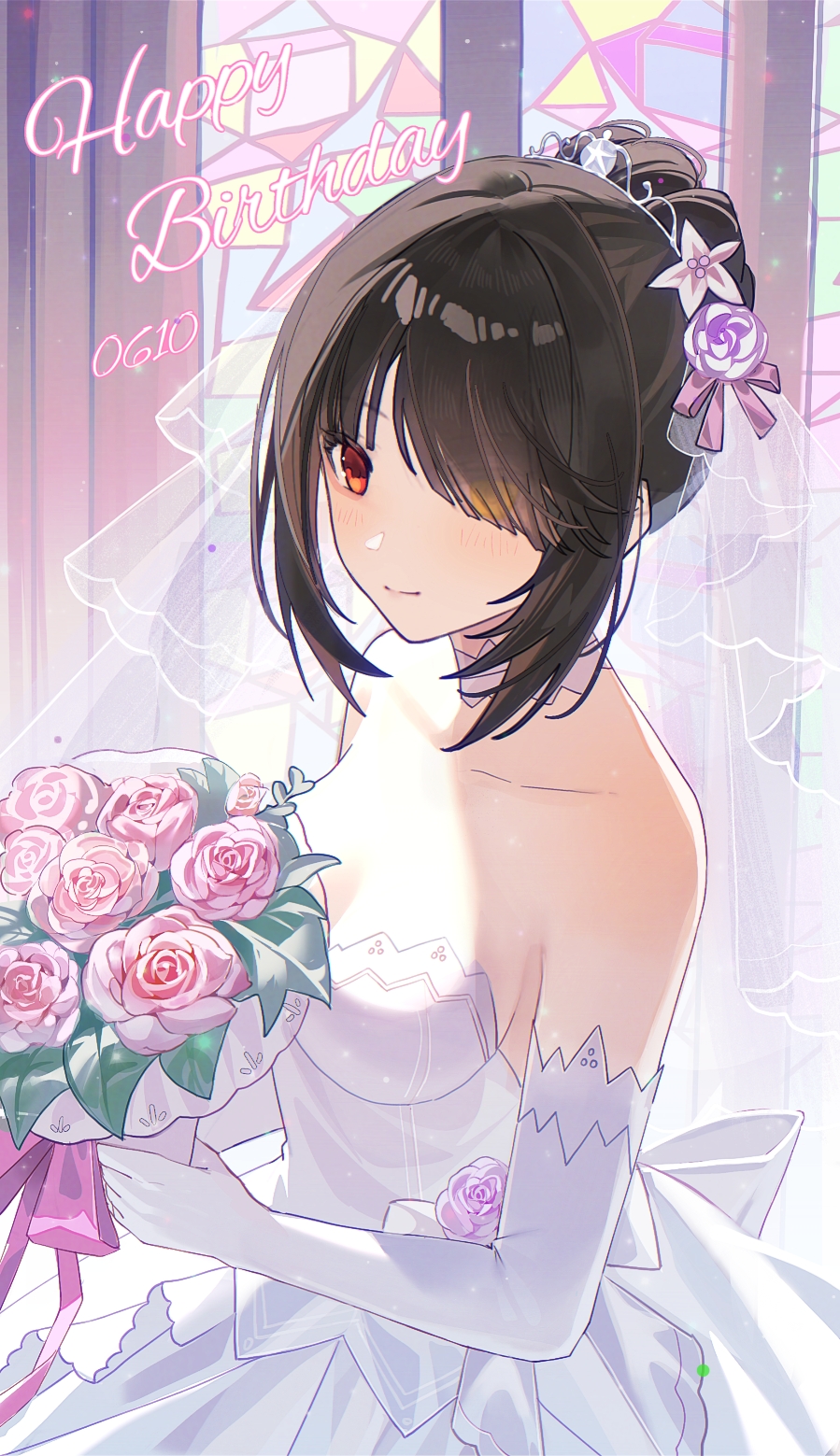 1girl alternate_hairstyle bare_shoulders black_hair bouquet breasts bride date_a_live dress elbow_gloves flower gloves happy_birthday heterochromia highres holding holding_bouquet hoxi_(user_wsax3424) indoors medium_breasts red_eyes rose sidelocks smile solo stained_glass strapless strapless_dress tokisaki_kurumi wedding_dress white_dress