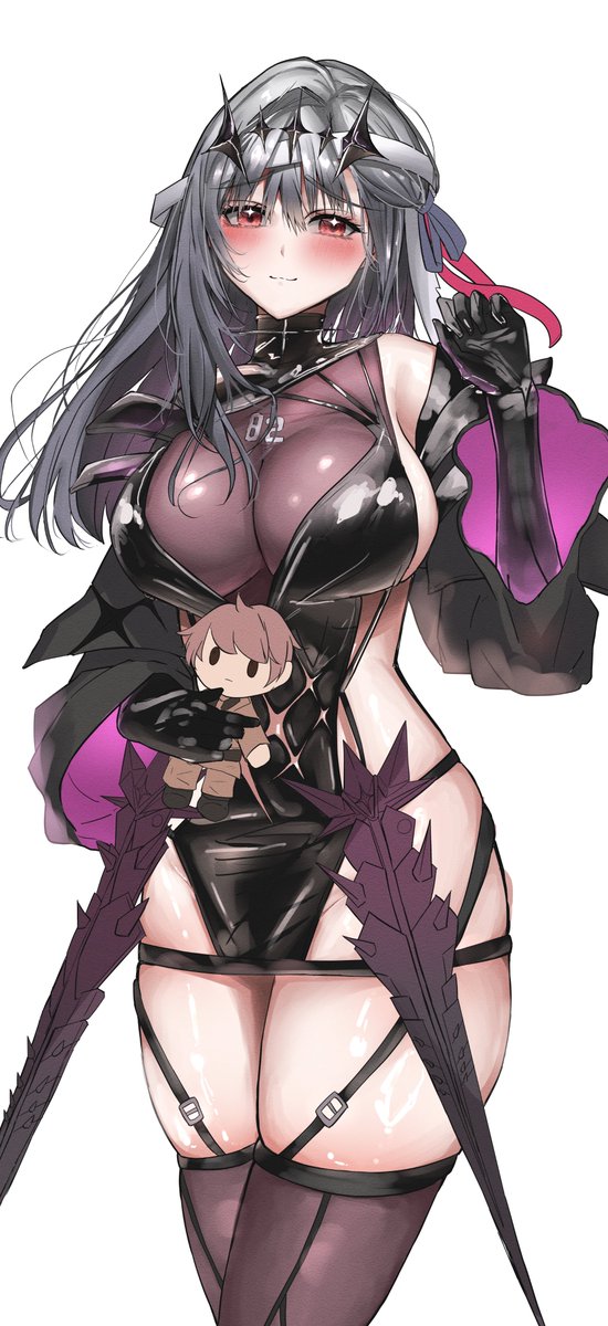 1girl bandaged_head bandages black_crown black_dress black_gloves black_tiara blush breasts cleavage clothing_cutout crown doll_(nikke) dress gloves goddess_of_victory:_nikke grey_hair highres impossible_clothes impossible_jacket iwazaki jacket large_breasts leg_cutout long_hair long_sleeves looking_at_viewer modernia_(nikke) modernia_(second_affection)_(nikke) official_alternate_costume red_eyes ribbon see-through_cleavage see-through_clothes sideless_dress smile solo thighhighs tiara