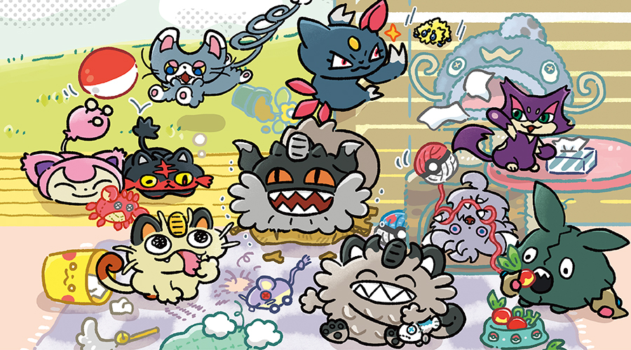 :3 animal_ears animal_focus ball berry_(pokemon) blue_eyes bowl box cardboard_box cat cat_ears cat_tail claws closed_eyes closed_mouth coin colored_sclera corphish eating espurr fangs flower flower_pot food galarian_form galarian_meowth gen_1_pokemon gen_2_pokemon gen_3_pokemon gen_4_pokemon gen_5_pokemon gen_6_pokemon gen_7_pokemon gen_8_pokemon glameow gold great_ball green_eyes holding holding_food horns in_box in_container joltik koban_(gold) leppa_berry licking licking_hand litten meowth nintendo no_humans official_art on_table open_mouth perrserker pet_bowl pikachu pillow poke_ball poke_ball_(basic) poke_ball_print poke_toy pokemon pokemon_(creature) pokemon_focus purrloin rattata red_eyes red_sclera scratches scratching_post sharp_teeth skitty smile sneasel soil stuffed_toy stuffing table tail takahashi_kino teeth tissue tissue_box tongue tongue_out trash_can trubbish v-shaped_eyes whiscash whiskers wishiwashi wishiwashi_(solo) yarn yarn_ball yellow_flower yellow_sclera
