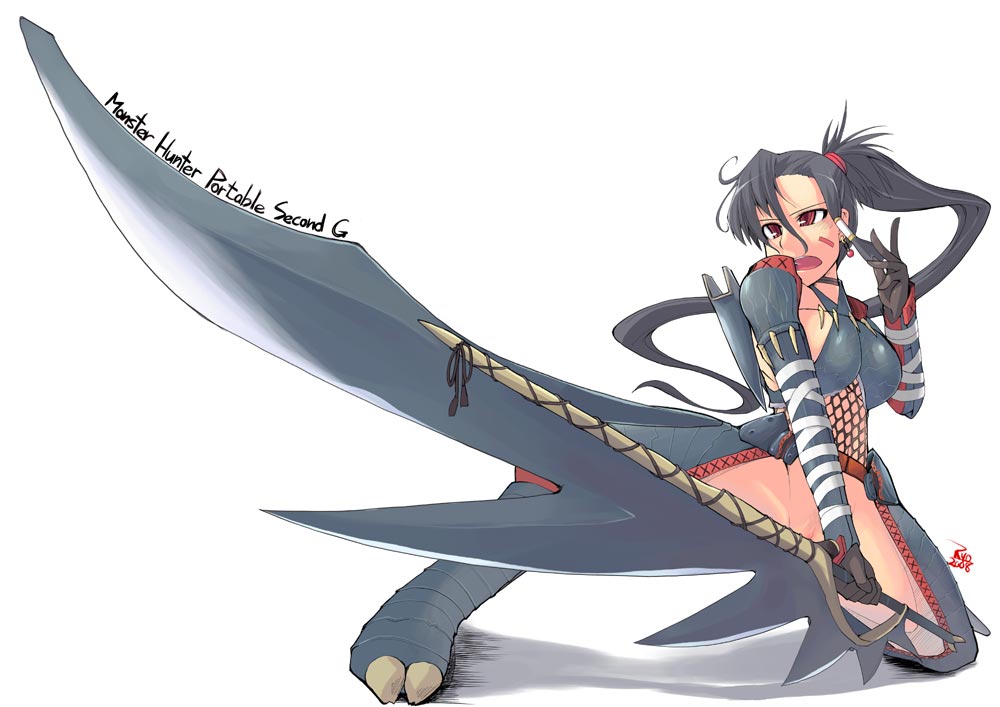 00s 1girl 2009 breasts capcom female_focus monster_hunter_(series) nargacuga_(armor) no_panties pussy ryo_(liver_sashi_daisuki!) signature solo white_background