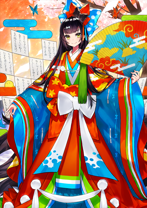 1girl absurdly_long_hair animal black_bow black_hair blue_bow blue_butterfly blunt_bangs bow bug butterfly calligraphy cherry_blossoms closed_mouth fate/grand_order fate_(series) folding_fan game_cg hair_bow hair_ornament hairclip hand_fan hand_up holding holding_fan insect japanese_clothes karaginu_mo kimono layered_kimono long_hair long_sleeves looking_at_viewer mika_pikazo multiple_hair_bows official_art outstretched_arm paper paper_fan petals polka_dot polka_dot_bow pom_pom_(clothes) red_bow red_butterfly sei_shounagon_(fate) sei_shounagon_(third_ascension)_(fate) sidelocks smile standing sweater_guard third-party_source variant_set very_long_hair waist_bow wide_sleeves yellow_eyes