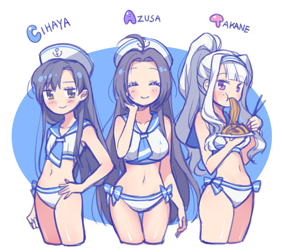 3girls 72producer ahoge bikini blue_hair blue_neckerchief blue_sailor_collar blush bow bow_bikini breasts character_name chopsticks closed_eyes closed_mouth cowboy_shot cropped_legs dixie_cup_hat eating flat_chest food food_on_face grey_hair hairband hand_on_own_face hand_on_own_hip hat holding holding_food idolmaster idolmaster_(classic) kisaragi_chihaya large_breasts long_hair military_hat miura_azusa multiple_girls navel neckerchief noodles plate ponytail purple_eyes ramen sailor_bikini sailor_collar sailor_hat sailor_swimsuit_(idolmaster) shijou_takane smile standing swimsuit white_background white_bikini