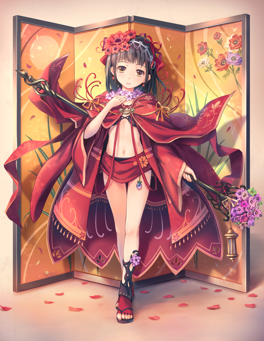 1girl black_hair blush brown_eyes cape commentary_request earrings feet female_focus flower flower_earrings flower_necklace full_body green_flower hair_flower hair_ornament hair_ribbon hand_up head_tilt highres holding holding_staff jewelry lamp long_sleeves looking_at_viewer navel necklace orange_ribbon original parted_lips petals pink_flower purple_flower red_cape red_flower red_ribbon red_socks revealing_clothes ribbon shadow short_hair sidelocks sleeves_past_wrists slippers socks solo soraizumi staff standing stomach thighs toeless_legwear toes wide_sleeves