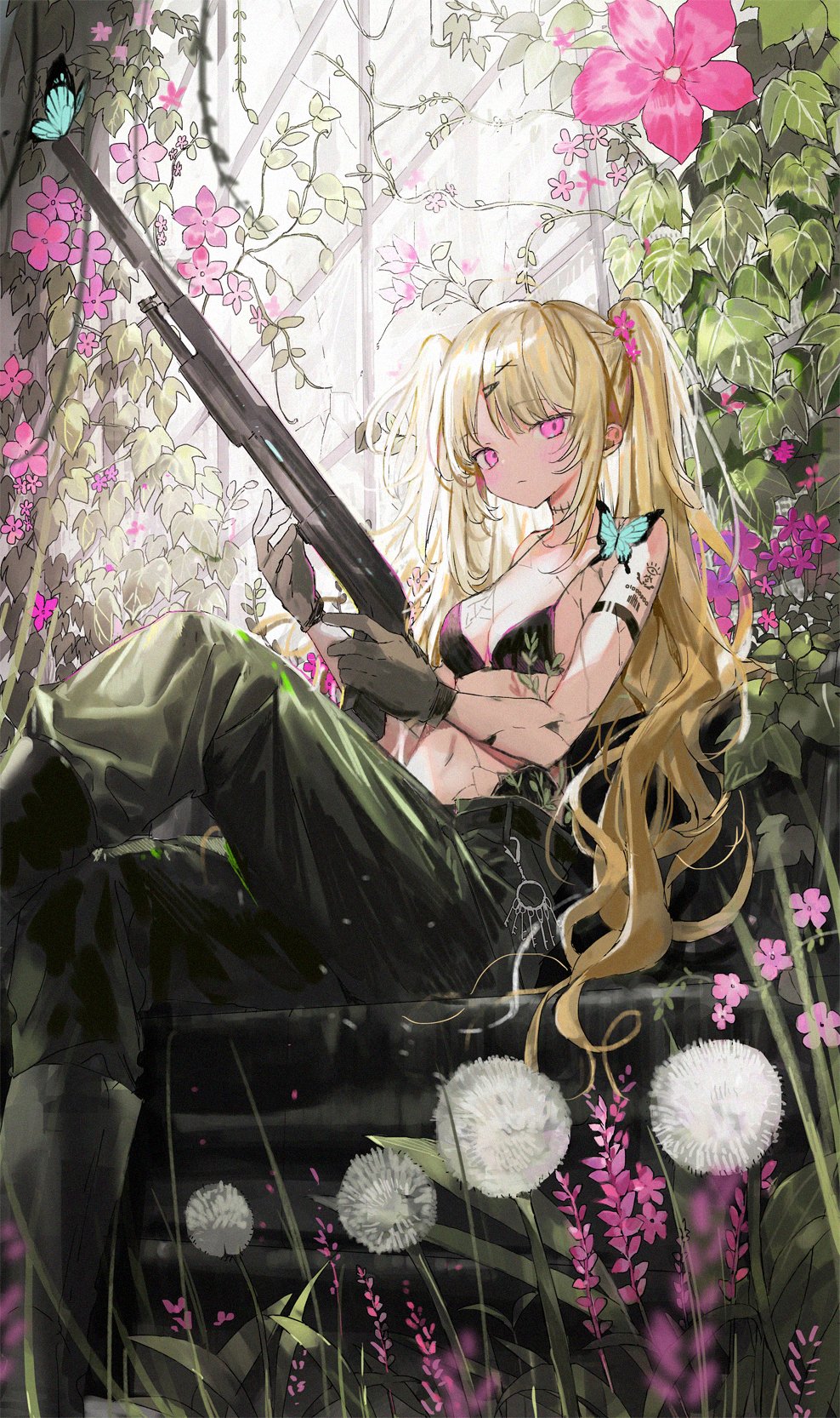 1girl aqua_butterfly arm_tattoo bare_shoulders black_boots black_bra blonde_hair blurry blurry_foreground blush boots bra breasts butterfly_on_shoulder cleavage closed_mouth collarbone commentary_request cracked_skin crossed_legs dandelion feet_out_of_frame floral_background flower full_body gloves green_pants grey_gloves gun hair_ornament hair_scrunchie highres holding holding_gun holding_weapon key light_particles long_hair looking_at_viewer medium_breasts nana_tetra navel on_chair original pants pink_eyes pink_flower scrunchie shotgun sidelocks sitting solo stitched_neck stitches stomach tattoo twintails underwear weapon x_hair_ornament