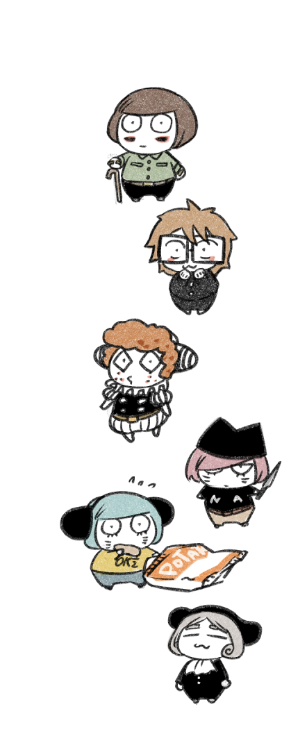 6+boys animal_hat brown_hair cane cat_hat chibi chips_(food) clown commentary_request eating etheral_q food glasses hat holding holding_cane holding_knife knife luther_von_ivory male_focus multiple_boys nyen_(randal&#039;s_friends) nyon_(randal&#039;s_friends) potato_chips randal&#039;s_friends randal_ivory sebastian_de_tomato_smith_chicken_legs short_hair simple_background tsukasa_(tsukasa_mimizuku) white_background