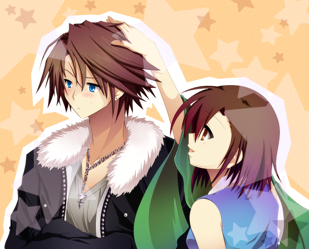 1990s_(style) ari_(ariburo) bad_id bad_pixiv_id blue_eyes blush brown_eyes brown_hair ellone ellone_loire final_fantasy final_fantasy_viii squall_leonhart star_(symbol)