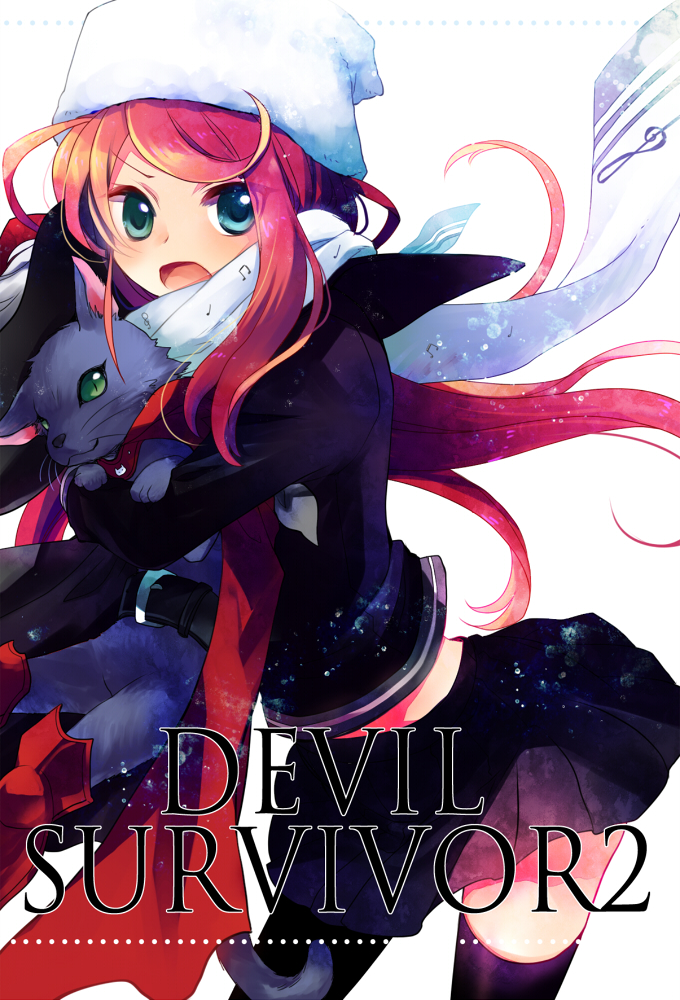 10s 1girl bad_id bad_pixiv_id ban_airi blue_eyes cait_sith_(final_fantasy) cat devil_survivor_(series) devil_survivor_2 hat miyu_(matsunohara) musical_note pink_hair skirt thighhighs
