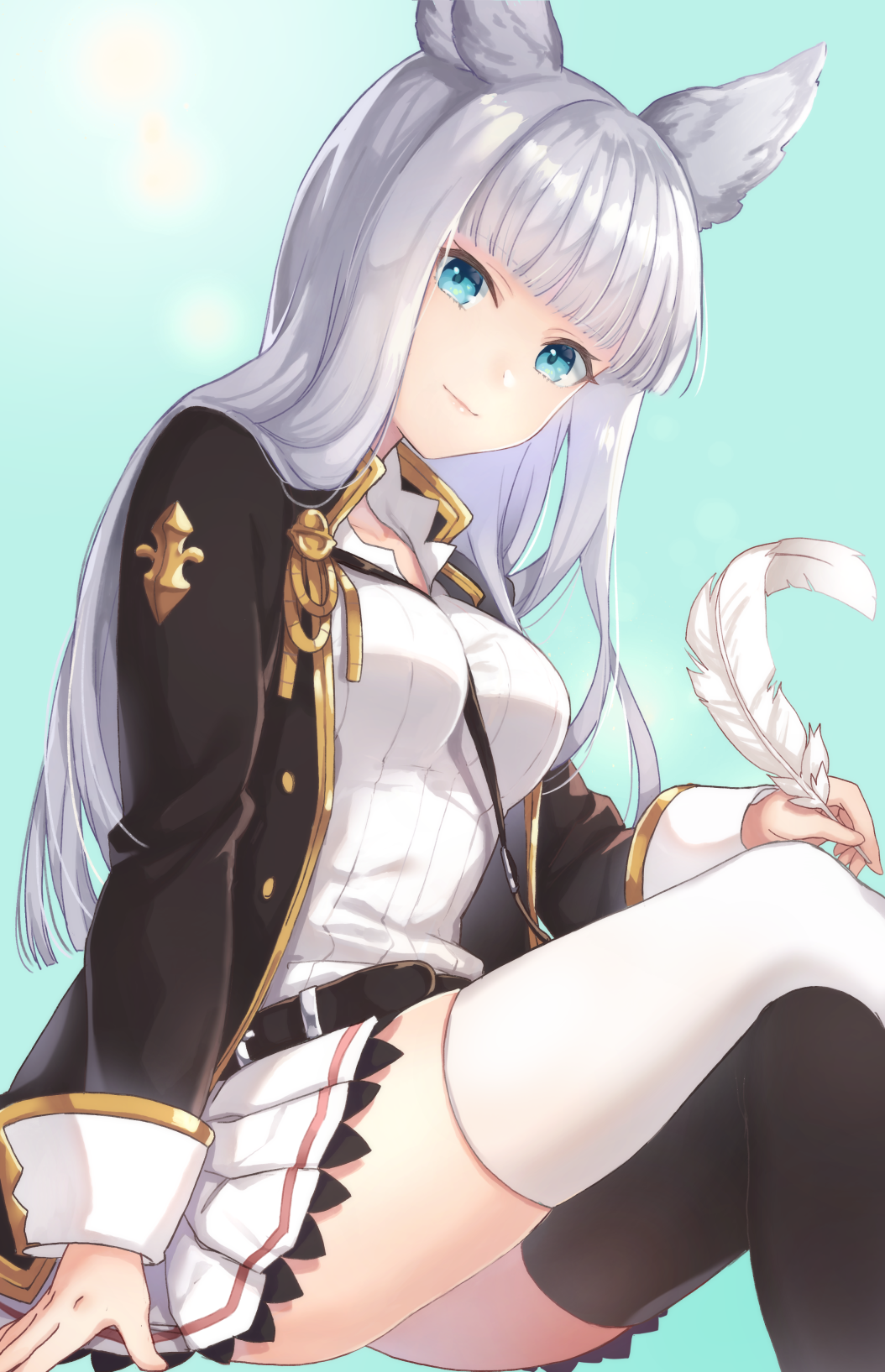 1girl animal_ears asymmetrical_legwear belt between_breasts black_jacket black_thighhighs blue_background blue_eyes blunt_bangs breasts closed_mouth crossed_legs erune feathers female_focus granblue_fantasy highres holding invisible_chair jacket kon_(k0n16) korwa long_hair long_sleeves looking_at_viewer medium_breasts miniskirt mismatched_legwear open_clothes open_jacket pleated_skirt shirt simple_background sitting skirt sleeve_cuffs smile solo straight_hair thighhighs thighs white_hair white_shirt white_skirt white_thighhighs